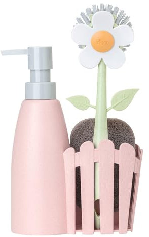 Vigar - Set Fregadero - Pack Soporte, Cepillo Lavaplatos, Esponja - ‎7 x 14 x 26.5 cm - Flower Power - Con Dispensador - Bandeja de 3 Piezas - Rosa