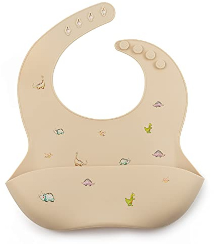 J.Børn Silicone Baby Feeding Bibs | Hand-Painted Designs On Silicone Bib | Waterproof Baby Bibs | Easy To Clean Baby Weaning Bib | 4 Adjustable Sizes with Deep Front Pockets (Beige Dinosaurs)
