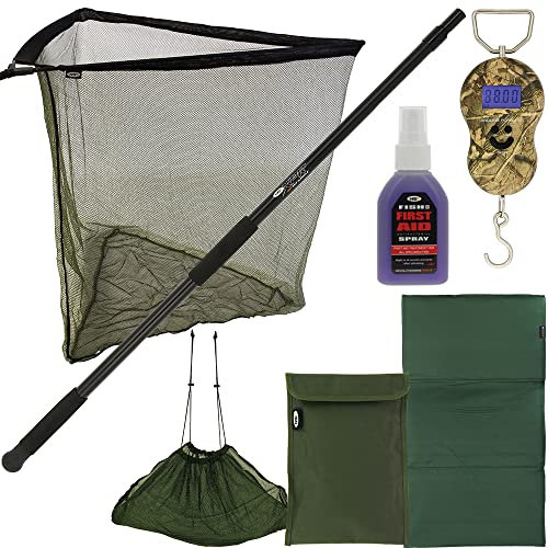 42 Carp Fishing Net 2m Handle Screw Fix Unhooking Mat Weighing Sling & Scale LCD Fish Aid Spray Deluxe Case Bundle