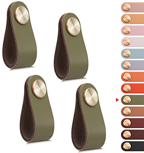 LEREATI 4pcs Poignée Meuble Cuir, Bouton Porte Placard Poignee Cuir Bouton de Tiroir, Poignee de Meuble Vintage pour Armoires, Commode, Cuisine, Salle de Bain (Vert, Monotrou)