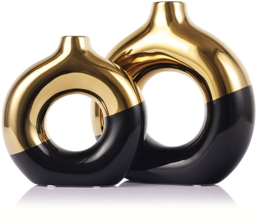 Set di 2 vasi da fiori per la decorazione della casa, vasi in ceramica oro e nero, vasi decorativi a ciambella, vaso decorativo moderno bohémien, vaso rotondo cavo per erba della pampa, tavolo da