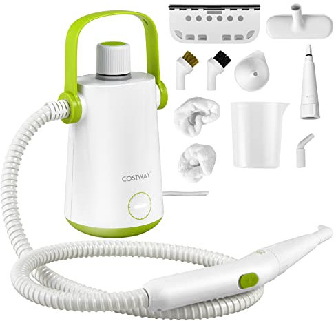 COSTWAY Nettoyeur à Vapeur à Main Portable 1000W avec Réservoir d'Eau de 300 ml, Machine de Nettoyage 10 Accessoires avec tuyau 116CM et cordon 3M, pour Vêtements Vitres Pneus (Blanc + Vert)