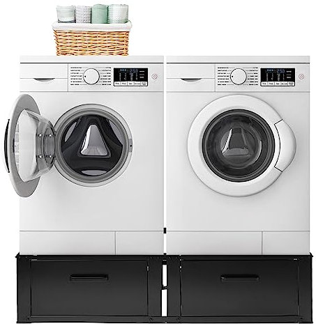 Vonia Waschmaschinen Podest mit 2 Schubladen | Waschmaschinen Untergestell aus Stahl | Tragkraft bis 200 kg | 127 x 54 x 31 cm | Anti-Rutsch | Schwarz