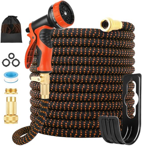 Garden Hose, Upgraded 4-Layer Latex Hose Pipe, 50FT Expandable Garden Hose with 10 Function Nozzle, 3/4 1/2 Brass Connectors, Leak-Proof Flexible Hose Pipe for Gardening, Car Washing(Orange)