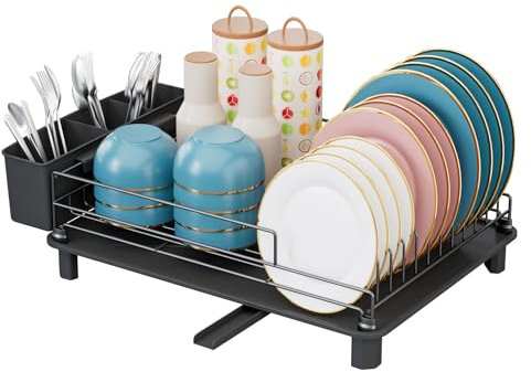 E-MANIS Scolapiatti da Lavello, Scolapiatti da Appoggio, con Vassoio Antigoccia e Ugello a Spirale, Scolapiatti con portaposate rimovibile