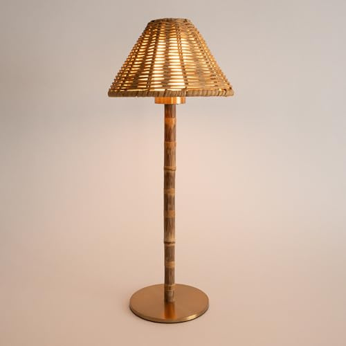 LUXELYKOS Bamboo Cordless LED Table Lamp – Rechargeable 24-Hour Battery, Dimmable Warm Light, 15 Portable Wireless Lamp with Remote for Indoor/Outdoor Use, Home, Patio, Restaurant – Natural Rattan