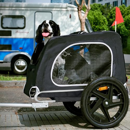 sogesfurniture Remorque de vélo et poussette pour chien pliable avec attelage, drapeau, réflecteur, toile Oxford 600D, pour chiens jusqu'à 20 kg, noir