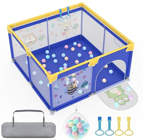 Aufun Parc pour bébé - En tissu Oxford 300D - Avec grille de barrière en mousse anti-collision - Filet respirant - Fermeture éclair - Bleu - 127 x 127 x 68 cm