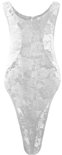 GENEMEN Mens Sheer Bodysuit Sexy Mesh Lace Floral One Piece Swimsuit Sissy Thong Leotard Jumpsuit (White)