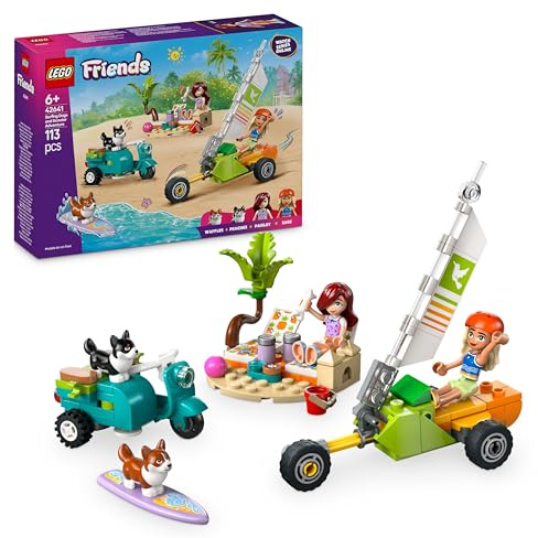 LEGO Friends Mascotas Surferas y Aventura sobre Ruedas, Moto, Tabla de Surf y 2 Perros Corgis de Juguete, Juego de Construcción con Playa y 2 Mini Muñecas, Regalo para Niñas de 6 Años o Más 42641