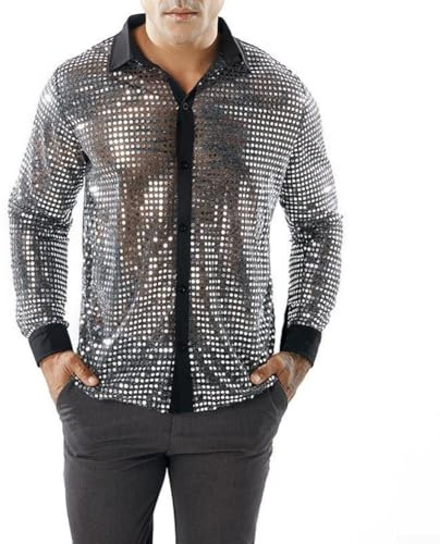 ReachMall Herrklänning skjorta paljetter button down shorts, herr glittrande paljetter party dans skjortor, retro 70-tals disco nattklubb skjorta toppar