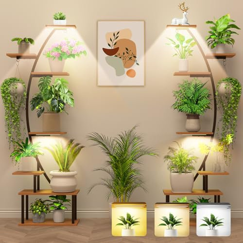 Zekoled Plant Stand Indoor with Grow Lights, 7 Tiered 66 Tall Metal Plants Shelf, 3 Color Mode Full-spectrum LED, Half-Moon Shaped with Cable Ties & Safe Straps for Living Room, Patio