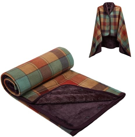 SIVENKE Poncho de forro polar para mujer, manta portátil y de regazo a cuadros, poncho cómodo, mantas de felpa y bufandas con botones, para cama, sofá y oficina