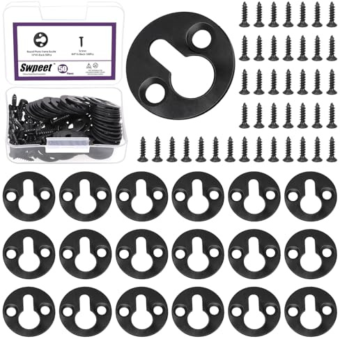 Swpeet 150Pcs 25MM/ 1Inch acier au carbone noir mortaise Type cintres de trou de serrure avec Kit de vis, cintre de Photo de plaque de suspension de trou de serrure pour cadre d’image, clé, Photo