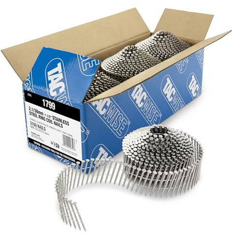 TACWISE 1799 Clavos en Bobina Cónica de Acero Inoxidable Tipo 2,1/38 mm, Vástago Anillado, Inclinación de 16°, Agrupados con Alambre, Paquete de 2160, Plateado