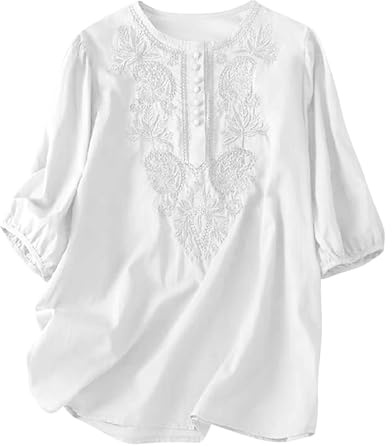 Blouse Femme,Hippie Vêtements Dames Bohème Folklore Broderie Blouse Tunique D'Été Haut Décontracté,Chemisiers Et Blouses Femme