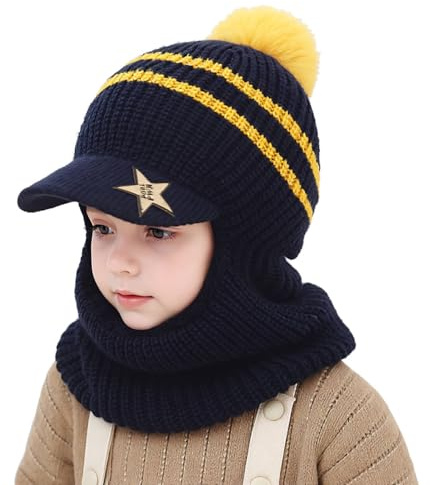 AYPOW Pasamontañas de Invierno para Niño Niña, Gorro de Punto Térmico Máscara de Esquí Ciclismo, Prueba de Viento Sombrero Cálido Suave Capucha y Bufandas con Forro Polar Calentador de Cuello