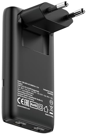 Verbatim Fold 'n' Go GaN laddare 65 W 2 X USB-C PD 3.0 vikbar svart | GaN laddare, 2 portar, kompakt, flera kontakter för Apple MacBook, Notebook, iPad, iPhone 15 – iPhone 17, Samsung
