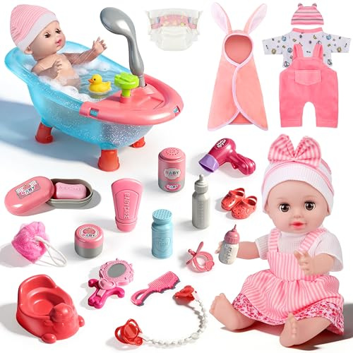 YOOHBERRYS Muñeca Bebé de Baño, Accesorios Bebe Juguete con Bañera, Ropa, Chupete, Biberón, Bañera y Accesorios de Baño, Navidad Cumpleaños Regalos