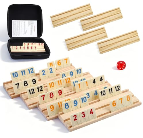Jradse Komplettes Rummy-Spieleset mit Holzablagen, 214 bunten Steinen & Aufbewahrungstasche - Tragbares Familienspiel für Kinder & Erwachsene