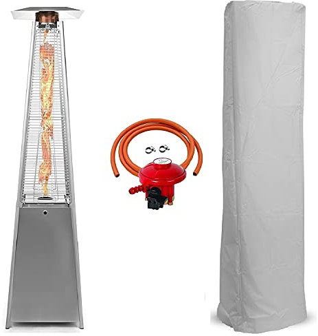 BU-KO Outdoor Patio Gas Heater | Garden, Camp, BBQ Parties | Stainless Steel Pyramid Style 13kw Propane Burner | Portable Wheels, Regulator & Hose | LPG Warm Heating Fire & Water Proof Cover Included
