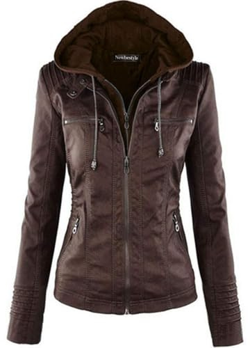 Newbestyle Femme à Capuche Veste Simili Cuir Femme Moto Style Manteau,Dark brown,M