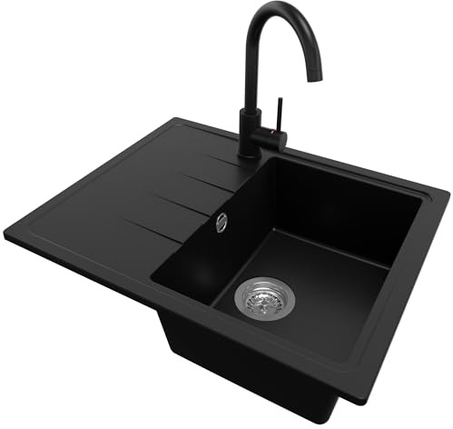 PRIMAGRAN Granitspüle Schwarz 62x50cm, Spülbecken 1 Becken + Küchenarmatur 32x20cm + Ablauf-Set, Küchenspüle ab 40er Unterschrank - Mailand S057