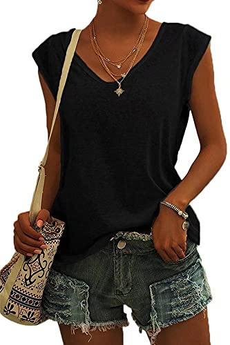 ASKSA Women V Neck Cap Sleeve T-Shirt Summer Solid Color Tank Top Casual Loose Shirts Basic Tee Tops (Black,XL)