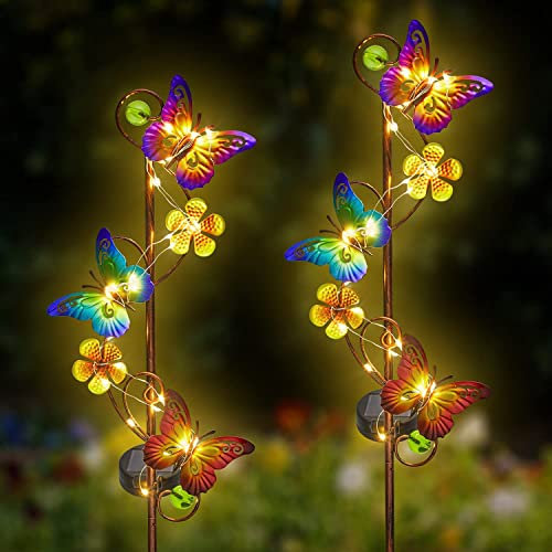 JJALIGHTS Solar Gartenleuchte 2 Paket Schmetterling Solar Außenleuchten Wasserdicht IP 44 Schmetterling Garten Pfahl für Garten, Rasen, Terrasse oder Hof