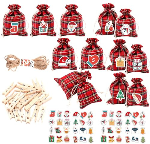 Sporgo 24 calendriers de l'Avent à remplir, sachets en tissu de calendrier de Noël à remplir soi-même, calendrier de l'Avent 2023 pour enfants, calendrier de Noël sachets cadeaux, petits sacs en toile