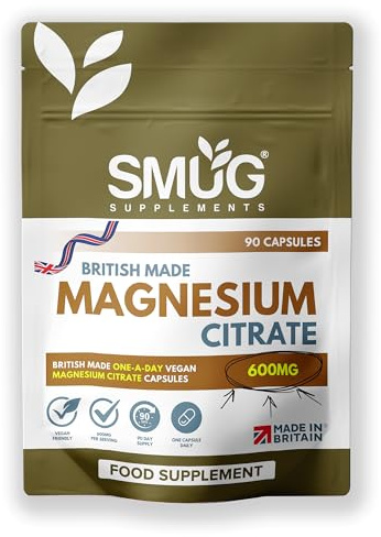 Magnesium Citrate 600mg – 180mg Elemental Magnesium – 90 Vegan Capsules – Daily Supplement – Made in Britain – SMUG Supplements
