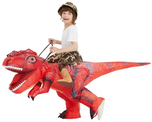 COMIN Inflatable Dinosaur Costume Kids, Red T Rex Dinosaur Blow Up Costume Riding on Dino Halloween Costumes Funny for Family Party 36