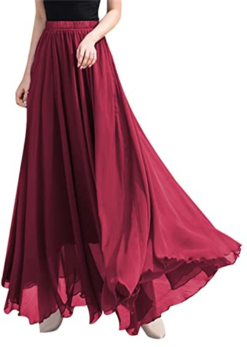 Generic Femme Jupe Longue En Mousseline De Soie Taille Haute Couleur Unie Jupe Boheme Chic Et Elegant Confortable Et Respirant D'été