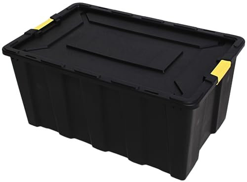 Large Plastic Storage Box with Lid - 150 Liters Capacity - Heavy Duty Black Container 36.2 x 22.8 x 16.5 in (92x58x42 cm) with Lockable Feature, Handles, and Strong Clips for Garage, Attic, Shed