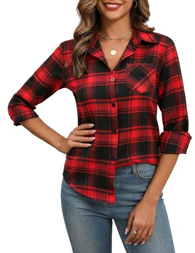 Zeagoo Damen Karierte Bluse V-Ausschnitt Langarm Hemd Trachtenbluse Elegant Oktoberfest Bluse Casual Button-down Blusen Tunika Tops Rot Schwarz M