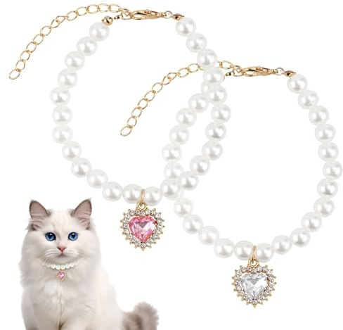 2 Stycken Kattpärlhalsband, Sött Hjärtformat Hängande Katthundhalsband Justerbart Hundpärlhalsband Sällskapshalsband för de Flesta Kattungar och Valpar