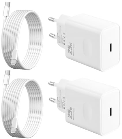2-Pack 25W Cargador Carga Rapida para iPhone 14/14 Pro/14 Pro Max/14 Plus 13 12 11 XS XS MAX XR X SE 8 7 6S 5S iPad Cargador Movil, USB C Enchufe Rapido con USB C Cable [Certificado MFi Apple]