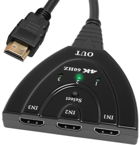 3 in 1 out HDMI Switch 4K@30Hz 3-Port HDMI 2.2 Splitter Hub Switcher with High Speed Cable Support 4K 3D 1080P UHD HDCP for PS5 HDTV Xbox Roku PS3 4 5 Fire Stick Blu-ray DVD and Projector