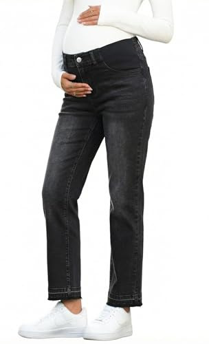 BLENCOT Women Maternity Pants Denim High Waisted Trendy Straight Leg Comfy Work Waistband Skinny Elastic Stretch Plus Size Jeans Outfits Pregnant Clothes Medium Black