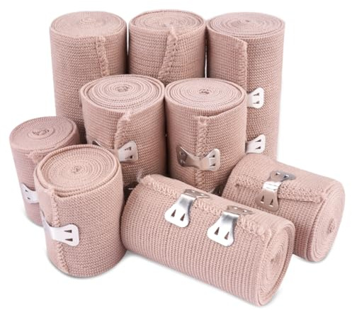 9 Pièces Élastiques de Compression avec Clips Métalliques, Bandage Elastique, Fixation Compressif Bandes de Soutien, Bandage Medical, pour Sportif Genoux, Chevilles, Poignets(5 cm/ 7,5 cm/ 10 cm)