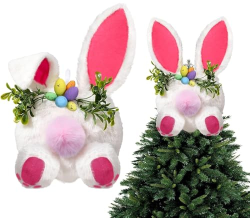 JULMELON Easter Bunny Tree Topper Decorations, Spring Plush Rabbit Ear Tail Easter Tree Topper Decorations Ornament for Holiday Party Favors Basket Filler