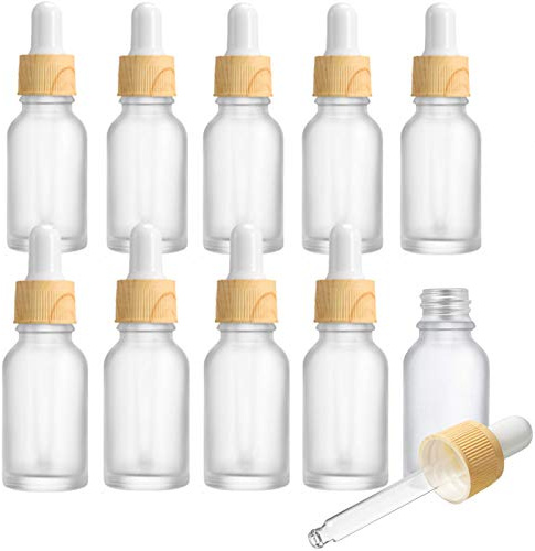 Yalbdopo 10Pcs, 10ml Frosted Clear Glass Bottles with Dropper Pipettes, Mini Empty Dropper Bottles Wood Grain Plastic Cap Refillable Sample Container for Essential Massage oils/Chemical Liquid