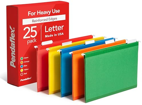 Pendaflex Cartelle sospese rinforzate, formato lettera, colori assortiti (verde, blu, rosso, giallo, arancione) taglio 1/5, linguette e inserti, 25/scatola (41522AMZ)