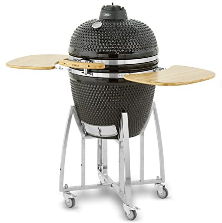 Tower Kamado XL Ceramic Charcoal BBQ with Collapsible Wooden Shelves, Built-in Thermometer and Waterproof Cover, Black, T978532