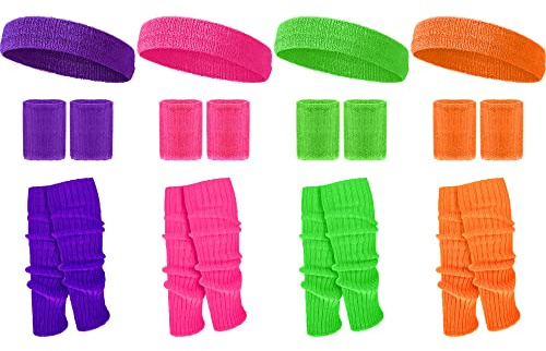 Haysandy 4 Sets 80s 90s Leg Warmers Set for Women Costume Neon Headband Rainbow Wristbands for Sport Yoga Workout Clothes(Bright Color)