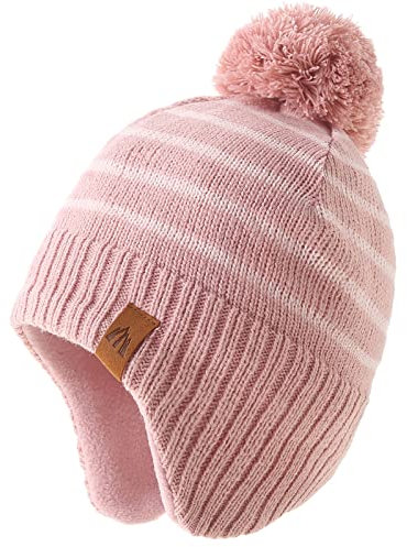 AHAHA Wintermütze Mädchen Kinder Beanie Earflap Pompon Baby Strickmütze Mädchen Rosa Stripe 55CM