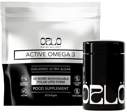 Orlo Vegan Omega 3 Algae Oil 1000mg - Natural Icelandic Nordic Omega-3 EPA & DHA Supplement - Fish Oil & Krill Alternative for Heart & Brain – 60 Easy-to-Swallow Burpless Mini Softgels & Jar