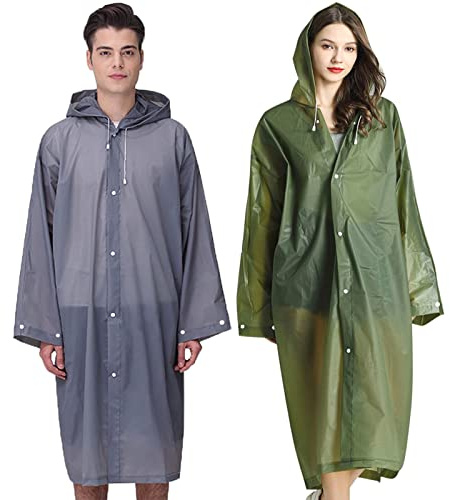 Rain Ponchos Raincoats for Adults Women Men, Reusable 2 Pack Rain Jacket Coats with Hood for Family Disney Camping Hiking(1 Green+1 Gray)