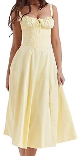 Sommar Casual Korsett Midiklänning for kvinnor Ärmlösa A-linje Split Slit Flowy Boho Blommiga Klänningar (Color : Yellow, Size : M)