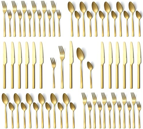 Besticksats för 12 personer, Hunnycook 60 styck matt guld med gafflar, skedar, knivar, rostfritt stål, glansigt, diskmaskinställt